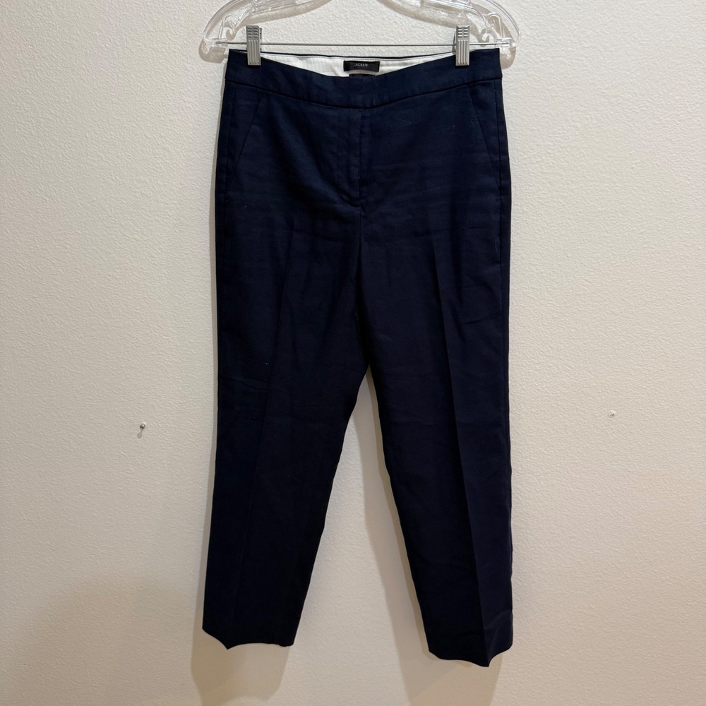J.Crew Kate Navy Blue Linen Blend Straight Leg Trousers Pants 4P Petite